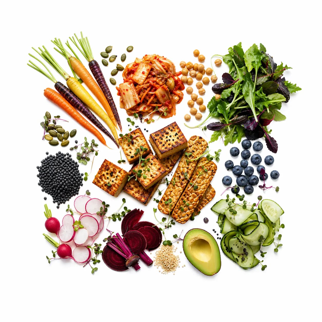 Illustrative food photography — diverse whole foods
