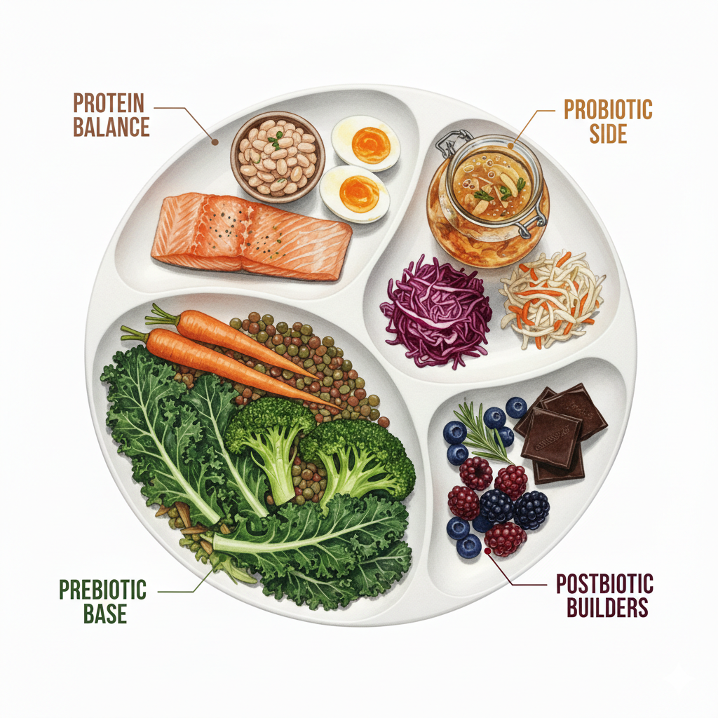 The EatoBiotics Plate — divided into four sections: Prebiotic Base with leafy greens and vegetables, Probiotic Side with fermented foods, Postbiotic Builders with berries and dark chocolate, and Protein Balance with salmon, eggs and beans.