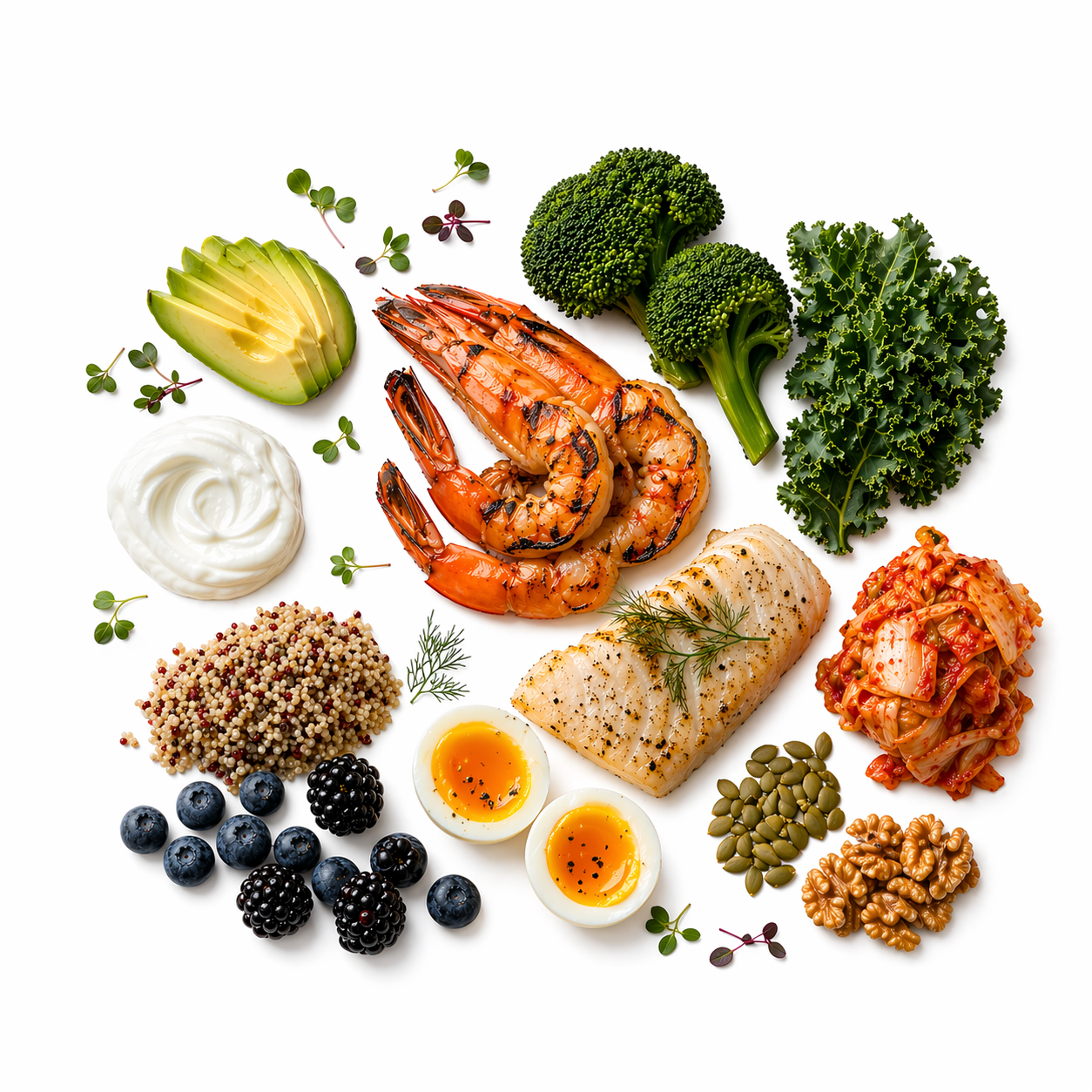 A diverse arrangement of EatoBiotics ingredients — the whole food system in one composition