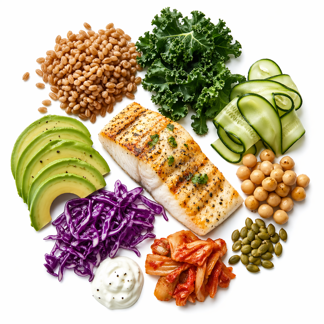 Colourful fresh ingredients arranged as a food system