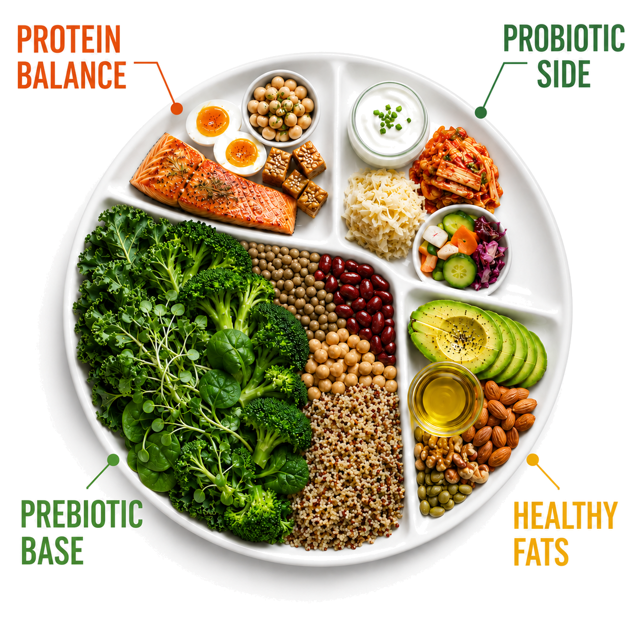 The EatoBiotics Plate showing prebiotic base, probiotic side, protein balance, and healthy fats
